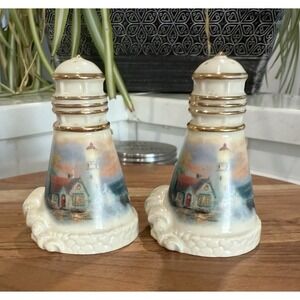 Lenox Thomas Kinkade Lighthouse Salt and‎ Pepper Shakers Gold Accents 2002 EUC